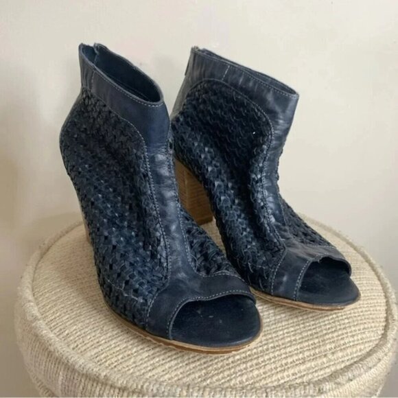 Donna Piu Navy Woven Stacked Heel Peep Toe Leather Sandals 39 - Picture 4 of 8